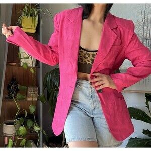 ANN TAYLOR Vintage Hot Pink Linen one button Blazer Long Line Size 4 Retro chic